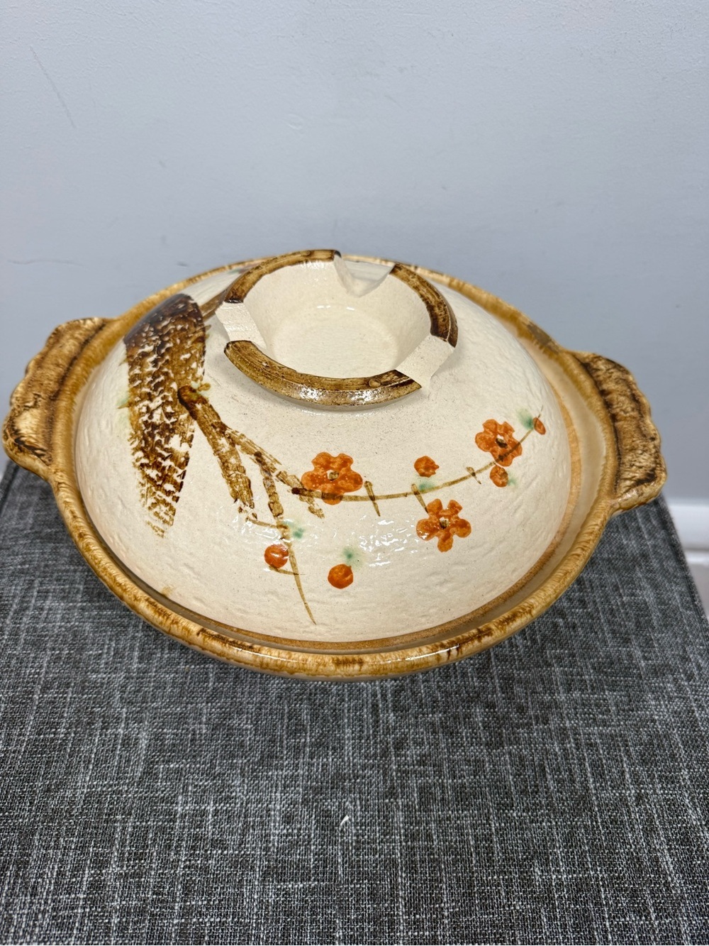 Vintage Japanese Donabe Clay Pot Hand Painted Orange Blossom Casserole Lid 8"
